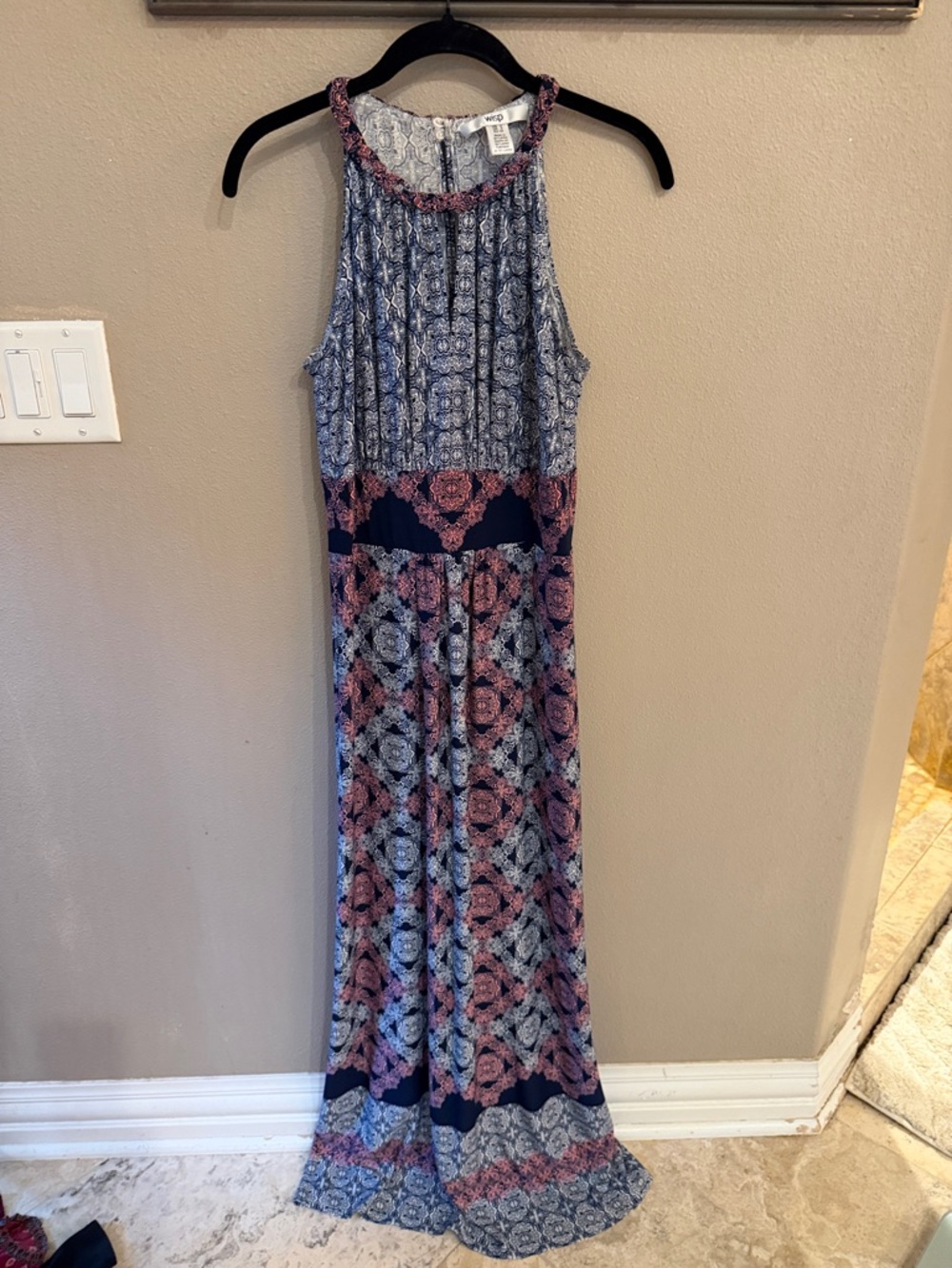Sleeveless Navy and Pink Printed Halter Maxi Dress